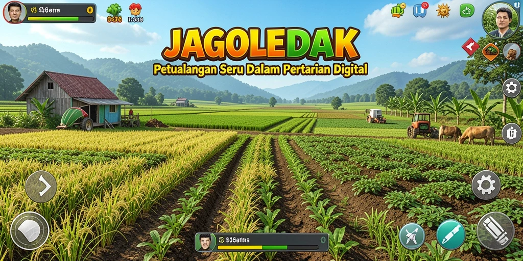 Tampilan gameplay JAGOLEDAK dengan ladang dan hewan ternak.
