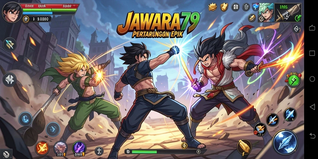 Tampilan aksi seru dalam permainan JAWARA79 dengan karakter anime.