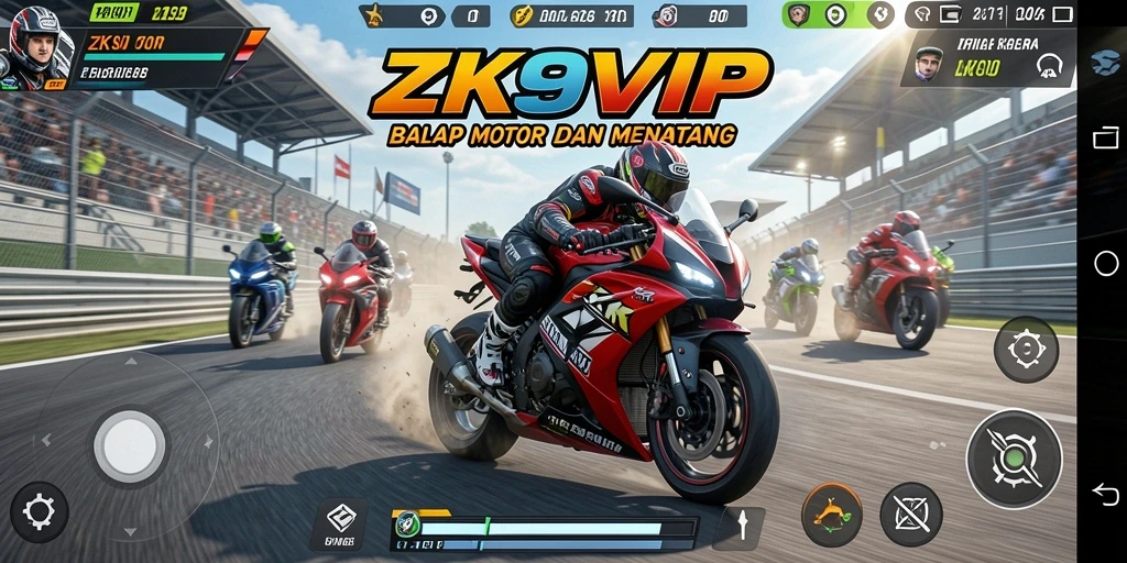 Screenshot menampilkan aksi balap motor yang mendebarkan dalam ZK9VIP.